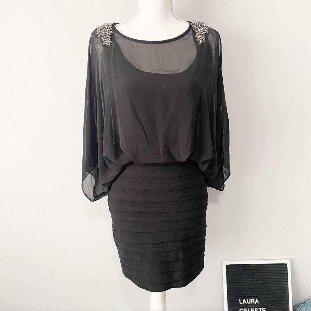 Cache black embellished beaded blouson sheer mini dress size 2 slit sleeves